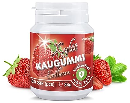 Xylit Kaugummi | Tschüß Karies: 80 zuckerfreie Zahnpflegekaugummi mit 100% Xylit, ohne Aspartam, vegan | Erdbeer (1er Pack)