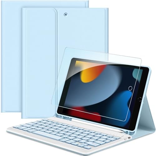 EasyAcc Funda con teclado compatible con iPad de 10,2 pulgadas de 9ª y 8ª generación y 7 generación con protector de pantalla, [QWERTZ alemán], funda extraíble con soporte para lápiz, color blanco