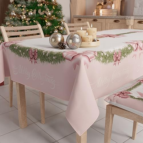PETTI Artigiani Italiani - Weihnachtstischdecke, schmutzabweisend, rechteckig, für Weihnachten, Küche, Design: Schleife, Rosa, Federn, X6 Plätze (140 x 180 cm), 100% Made in Italy