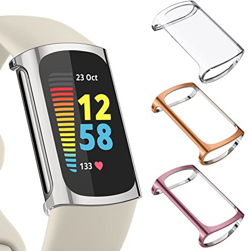 AK 3 Pack Screen Protector Compatible with Fitbit Charge 6/Fitbit Charge 5,TPU Plated Screen Protector Full-Cover Scratch-Proof Protective Case for Fitbit Charge 6/Charge 5 (Clear/Rose Gold/Rose)