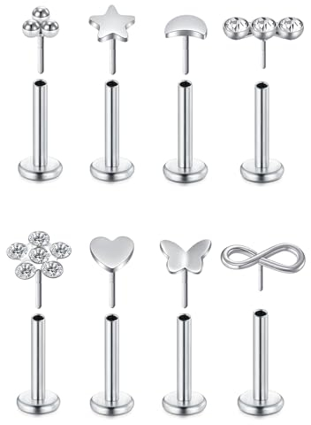 WillTen 8PCS Tragus Piercing Silber, 16G 8mm Tragus Piercing Chirurgenstahl mit Cubic Zirkonia, Piercing Ohr Lippenpiercing Knorpel Helix Piercing Schmuck für Frauen Mädchen