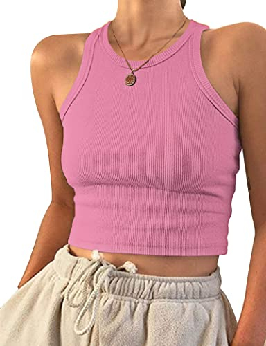 PLOKNRD Crop Tops Femmes sans Manches Racerback Col Rond Débardeur Rose S
