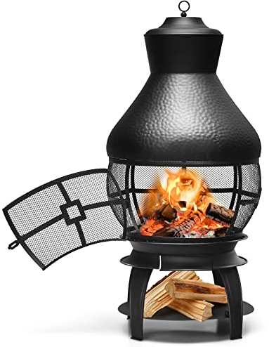 GOPLUS Brasero Extérieur, Cheminée de Terrasse Extérieure, Foyer en Métal, avec Grille de Charbon de Bois, Chapeau de Pluie, Écran Pare-étincelles, Tisonnier, pour Jardin, Cour, Patio, Noir