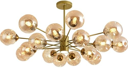 DUDOK Lámpara de techo Sputnik con racimo de burbujas de cristal dorado con foco LED, bola negra ámbar, lámpara colgante moderna de mediados de siglo para sala de estar, comedor, cocina, dormitorio