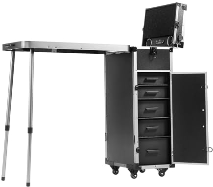 VEVOR Professioneller Make-up-Koffer aus Aluminium, Kosmetikkoffer, Werkbank mit Stützbeinen, Roll-Make-up-Koffer, extragroßer Trolley, Make-up-Reise-Organizer, mit 360° drehbaren Rädern, schwarz