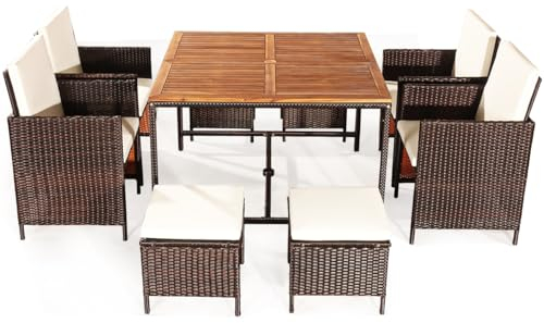 LIFEZEAL 9 TLG. Gartenmöbel Set, Polyrattan Garten Esssitzgruppe mit Sitzkissen, Rattan Essgruppe mit Tisch, Sessel & Hocker, Balkonmöbel Set für bis zu 8 Personen