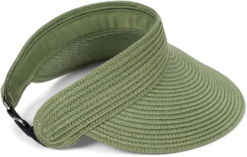 styleBREAKER Papierstroh Visor Cap einfarbig | Sonnenvisier mit elastischem Band und Hakenverschluss | Luftige Schildkappe als Sonnenhut für Damen, Farbe:Oliv