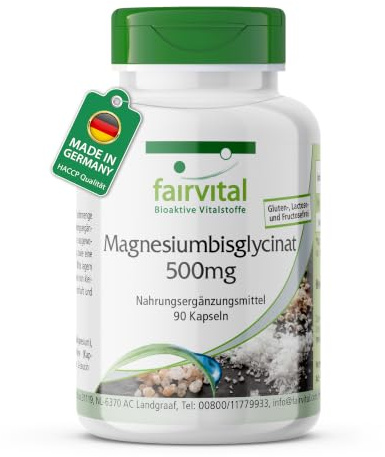 fairvital Magnesiumbisglycinat 500mg, 90 Kapseln, mit 200mg Magnesium pro Tagesdosis, qualitätsgeprüft und hochdosiert, 100% vegan, Made in Germany