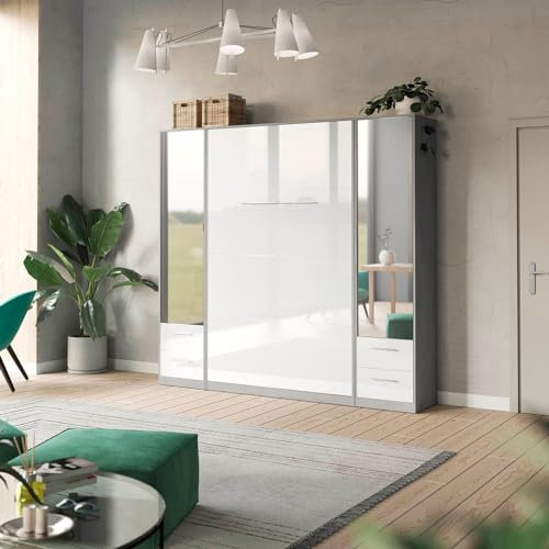 SMARTBett Wohnwand Set mit Schrankbett 140x200 Vertikal + 2 x Spiegelschränke Beton/Weiss Hochglanz