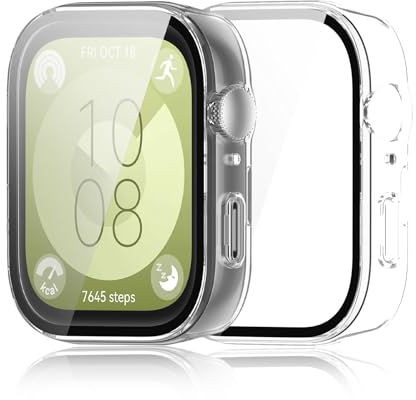 Haofun 2 Pezzi Cover per Huawei Watch Fit 3, con 9H HD Ultra Vetro Temperato Pellicola Protettiva, PC Protettiva Custodia, Protezione Completa, Anti-Fall - Trasparente