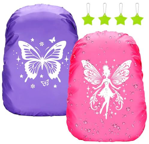 YANSYUN Regenschutz Schulranzen mit Reflektorstreifen 2 Stück, Blumenfee und Schmetterling Regenhülle Schulranzen Regenschutz Rucksack für Mädchen Kinder