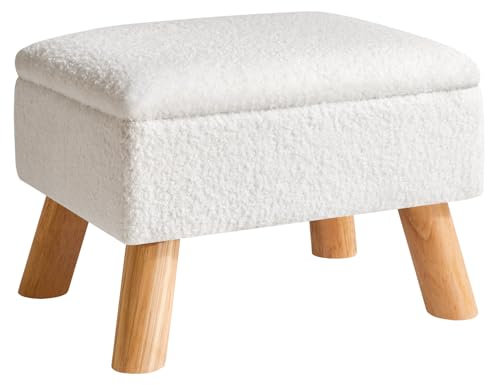 YMYNY Ottomane mit Stauraum, Fußhocker, Kleiner Fußhocker mit Stabilen Holzbeinen Hocker, Teddy Samt Fußstütze mit Gepolstertem Sitz, für Wohnzimmer Schlafzimmer Eingänge 40 ×30 ×28CM Weiß HBD042W
