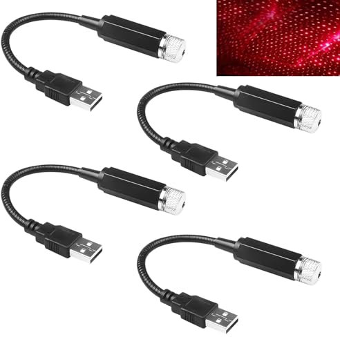 AOUZOVLI 4 Stück Sternenhimmel Auto,Auto Dach Stern Nachtlicht Sternenhimmel Projektor Auto Tragbare Usb Auto Dach LED Lichter Plug and Play Geeignet für Autos Heimpartys (Rot)