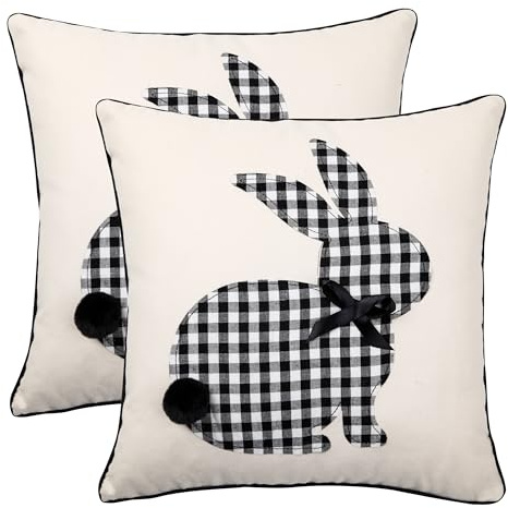 2 Stück Ostern Kissenbezug 45 x 45 cm Weißes Kariertes Kaninchen Dekorative Baumwolle Leinen Kissenhülle Zierkissenbezüge Osterdeko Modern für Sofa Schlafzimmer Wohnzimmer Zuhause Garten Dekoration