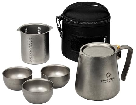 Thous Winds Titanium Tea Set, Portable Kung Fu Tea Pot with 3 Tea Cups, Double-layer Teapot with Strainer, Lightweight Tea Make for Outdoor Camping Backpacking Coffee