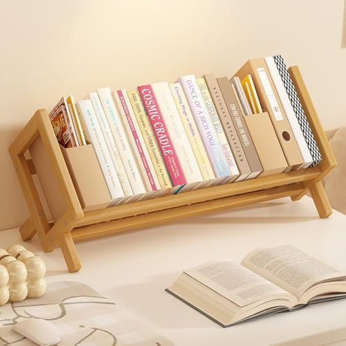 Niciksty Desktop Bookshelf Organizer, Wood Office Tabletop Book Storage Rack for Small Spaces, Tilting Bookcase for Office, Home CDs/Magazine/Cookbook/Books Display