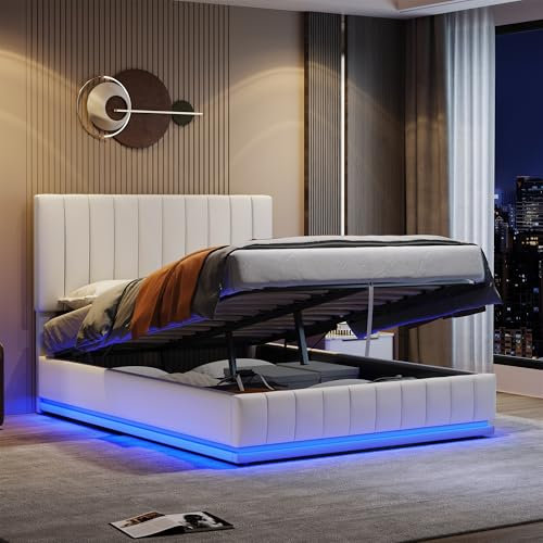 Upholstered Bed Frame with Hydraulic Lift and Adjustable Channel Tufted Headboard, 5ft King Size Bed Frame with LED Lighting, PU Leather Gas Lift Functional Ottoman Storage Bed, No Mattress, Cream
