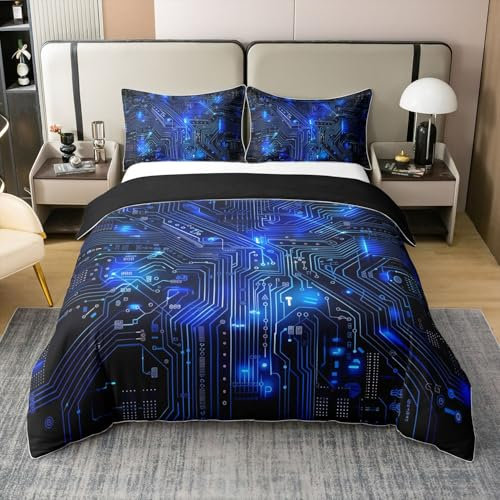 100% Baumwolle Circuit Board Bettwäsche Set 155x220,3D Druck Chips Bettbezug, Abstrakte Kunst Design Tröster Abdeckung Blau Schwarz Bettbezug für Kinder Jungen Teens