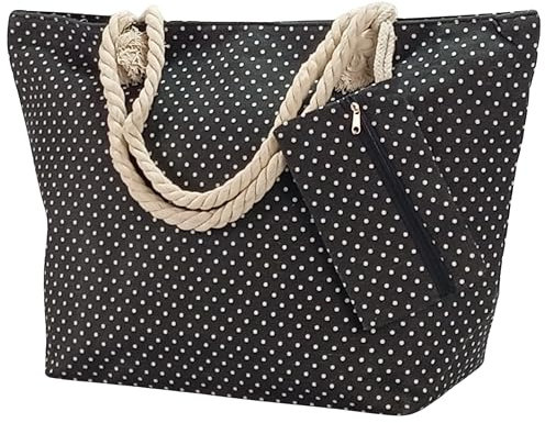 Ropo22 Bolsa Playa Grande con Cremallera. Bolsa de Playa Impermeable con Forro Antiarena y Neceser Exterior, Bolso Playa y Piscina con Asas de Cuerda. Bolso Grande Mujer Gimnasio de Lona(Negro)