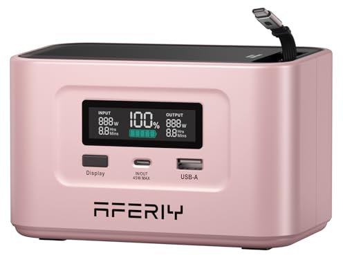 AFERIY Nano100, Generateur Electrique Portable 100W, Batterie Nomade 99.2Wh/31000mAh, Station d'Énergie Mobile avec Câble USB-C Rétractable, Charge Solaire avec 100W Max, Chargeur Portable, Rose