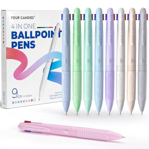 Four Candies 4-in-1 Farbstifte, 9er-Pack 1,0 mm 4 Farbstifte, schnelltrocknende Krankenschwesterstifte, weich schreibende Farbtintenstifte, Komfortgriff & Macaron Büro- und Schulbedarf