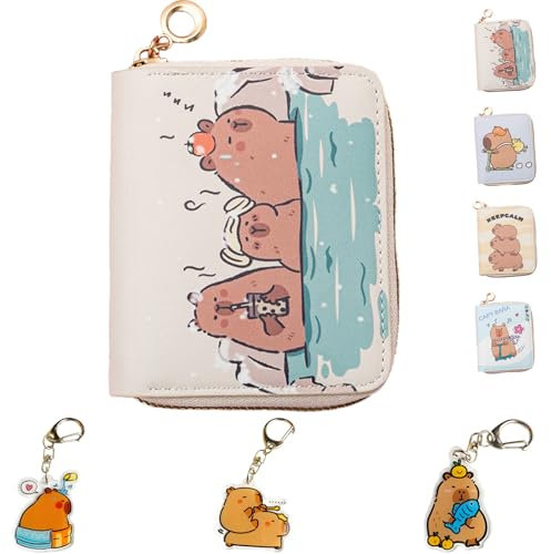 LaresDay Capybara Geldbeutel für Kinder-Portemonnaie mit Schlüsselanhänger&Reißverschluss,Umhängbar für Schule/Reise+3 Stück Capybara Anhänger (Geschenkbox Jungen Mädchen 5-12 Jahre) (Schwimmen)