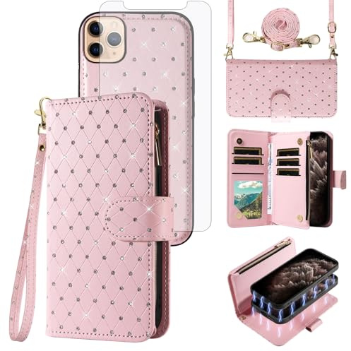 Asuwish Compatible with iPhone 11 Pro 5.8 Wallet Case Zipper Cell and Screen Protector Crossbody Strap Glitter Flip Card Holder Phone Cover for iPhone11pro iPhone11 i XI 11s 11pro Women Rose Gold