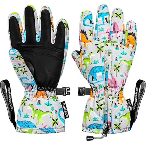 Andake - Guanti invernali per bambini, antivento, impermeabili, caldi, per sci, sport all'aria aperta, equitazione, per ragazzi e ragazze (Dinosauro, 5-8 anni)