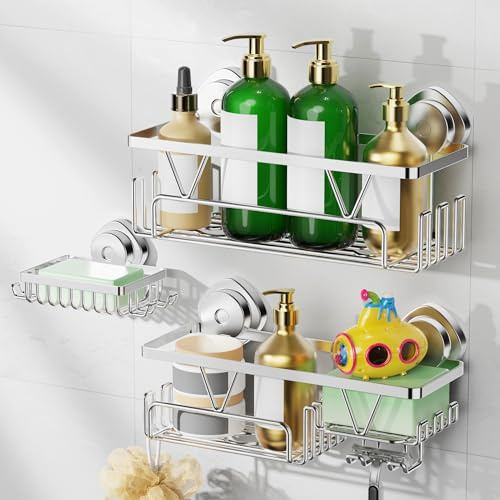 ZUNTO Wall-Mounted Shower Caddy with Strong Suction Cups, Silver Bathroom Suction Storage Organizer, Multi-Purpose Kitchen Shelf with Hooks, Waterproof Quick-Drying Rack for Toiletries, Reusable