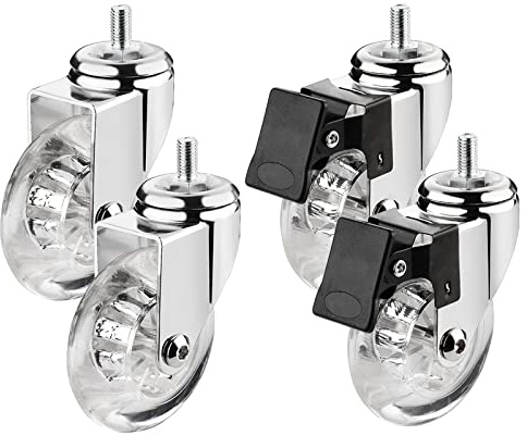 Caster wheels, set of 4 75mm furniture swivel castors with M8 x 15, M10 grub screws and ball bearings, transparent rubber, transport single load 40kg(M10*15mm,2 Braked+2 Swivel)