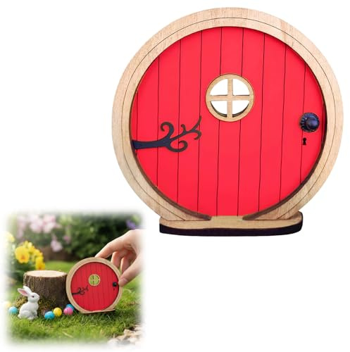 Porte de fée décoration Jardin Porte de Lutin en Bois 1 pièce 10,5 x 10 cm Rouge pour Arbre Cour terrasse extérieur Ambiance féerique Enfant