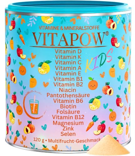 Vitamine für Kinder - Multivitamin Pulver mit Mineralstoffen ab 4 Jahren | Kindgerecht dosiert, 13 Vitamine +Magnesium, Zink, Selen, laborgeprüft, ohne Zuckerzusatz, Multifruchtgeschmack, 30 Portionen