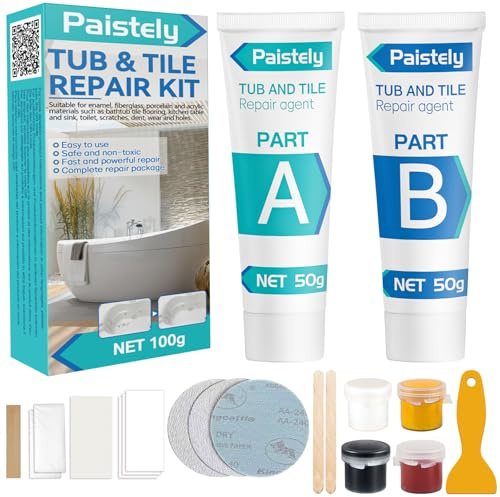Paistely Badewannen Reparaturset, Wasserdichtes Kit für Risse, Kratzer & Löcher an Keramik, Fliesen, Emaille, 4 Grundfarben, Heißwasserbeständig, Dauerhafte Reparatur inkl