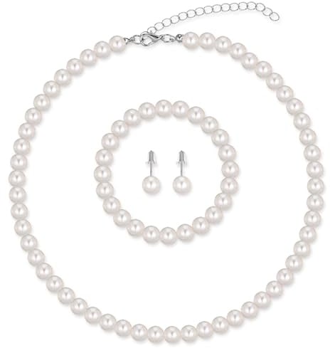 Fyntave 3-teiliges Perlen-Schmuck-Set für Damen – Weiße Perlenkette Ohrringe Armband aus Kunstperlen & Kunstharz – Brautschmuck Hochzeit 1920er Jahre Modeschmuck Set