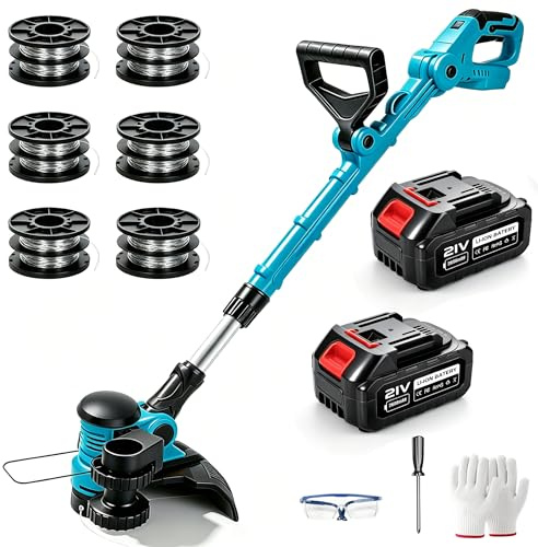 Cordless Grass Trimmer with 21V 4000mAh Battery and Charger, 30cm Cutting Diameter Garden battery string strimmer Auto Line Feed, 6 Spools Included, 2-in-1 Lawn Edger with 90° Adjustable Head