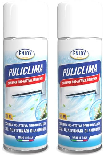ENJOY HOME PULICLIMA Igienizzante Condizionatori Spray 500ml x2 - Schiuma Attiva ai Sali Quaternari di Ammonio per Split e Filtri - Pulitore Professionale Antibatterico al Profumo di Mughetto