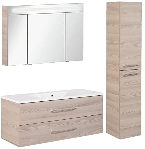 FACKELMANN Badmöbel Set B.Clever 3-TLG. 120-150 cm esche mit Waschtisch Unterschrank inkl. Gussmarmorbecken Hochschrank & LED Spiegelschrank