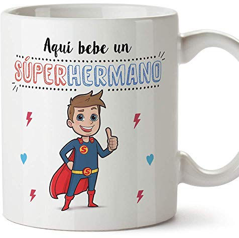 MUGFFINS Taza Hermano – Aquí Bebe un Super Hermano – Taza Desayuno/Idea Regalo Original/Cumpleaños de Hermanitos. Cerámica 350 mL