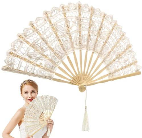 BESTOYARD Lace Folding Fans Cotton Hand Fan Bamboo Fan Lace Foldable Fan Gift for Women Ladies (Beige)