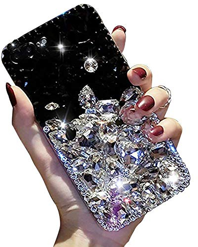 LCHDA für Samsung Galaxy S9 Plus Diamant Hülle, Bling Glitzern Strass Glänzend Handyhülle Durchsichtig Klarer Kristall Steine Harte Schale Flexibel Silikon Stoßstange Schutzhülle - Weiß Schwarz