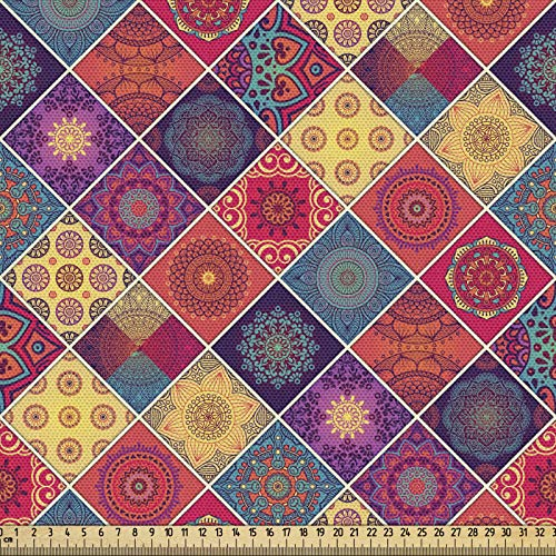 ABAKUHAUS Mandala Gewebe als Meterware, Diamant-Quadrat-Muster, Schön Gewebten Stoff für Polster und Wohnaccessoires, 1M (148x100cm), Dunkler Lachs Gelb