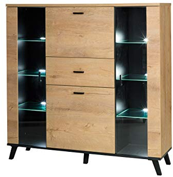 Barschrank John JN03 mit Schublade, Praktischer Barkommode, Kommode, Highboard, Schrank mit Getränkefach, Getrönkeschrank, Mehrzweckschrank, viel Stauraum (Eiche Lefkas / Schwarz, ohne Beleuchtung)