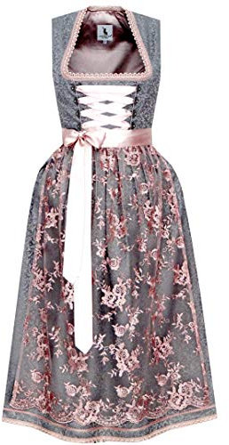 Alpenmärchen Verona ALM750 - Abito lungo da Dirndl con pizzo, taglia 34-60 Grigio-rosa antico 58