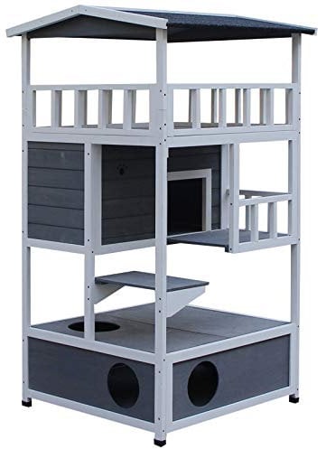 PawHut Casa para Gatos de Madera 75,5x75x137 cm Caseta para Gatos Refugio para Gatos con Techo Asfáltico y Plataformas para Interior y Exterior Gris