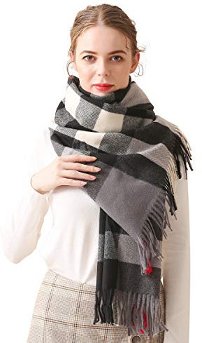 LumiSyne Hiver Senior Écharpe à Carreaux Foulard En Cachemire Avec Gland Pour Femmes Hommes Grand Tartan Châle Motif à Plaid Classique Doux Et Chaude Etoles,Taille unique,Gris