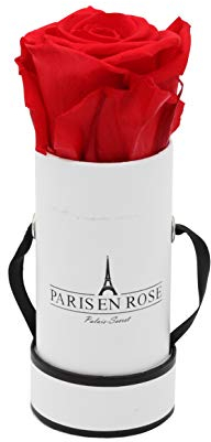 PARIS EN ROSE Rosenbox | mit einer roten Infinity Rosen Größe XL | konservierte ewige Rose | runde Weiß-Schwarze Box |3 Jahre haltbar | Grußkarte