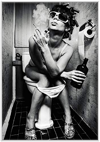 Wallario Wandbild - Kloparty - Sexy Frau auf Toilette mit Zigarette und Schnaps in Premiumqualität, Poster mit weißem Rahmen, Größe: 70 x 100 cm
