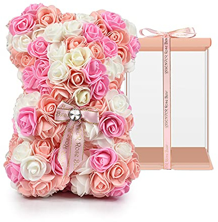ASENVER Handgefertigte künstliche Blumen Rosenbär Reine Farbe für Valentinstag, Geburtstag und Muttertag, mit Einer 25,4 cm großen rosa Geschenkbox (Mehrfarbig)