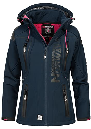 Geographical Norway Tislande Lady - Jacke Softshelljacke Damen Kapuzen Frau Wasserdicht - Winddichte Jacke - Regenjacke Aktivitäten Wandern Skifahren Herbst Winter Frühling (Pinke Navy L)
