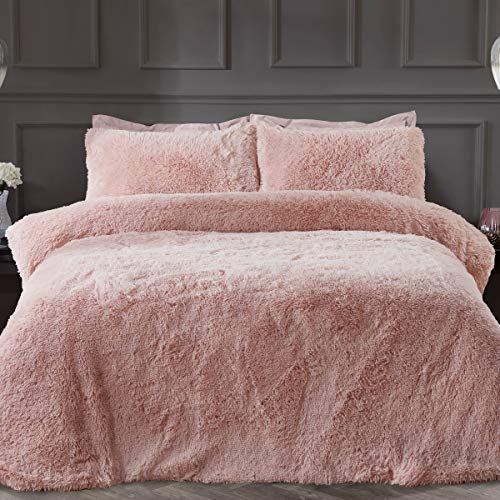 Sleepdown Luxury Long Pile Faux Fur Blush Pink Super Soft Easy Care Duvet Cover Quilt Bedding Set with Pillowcases - Double (200cm x 200cm)